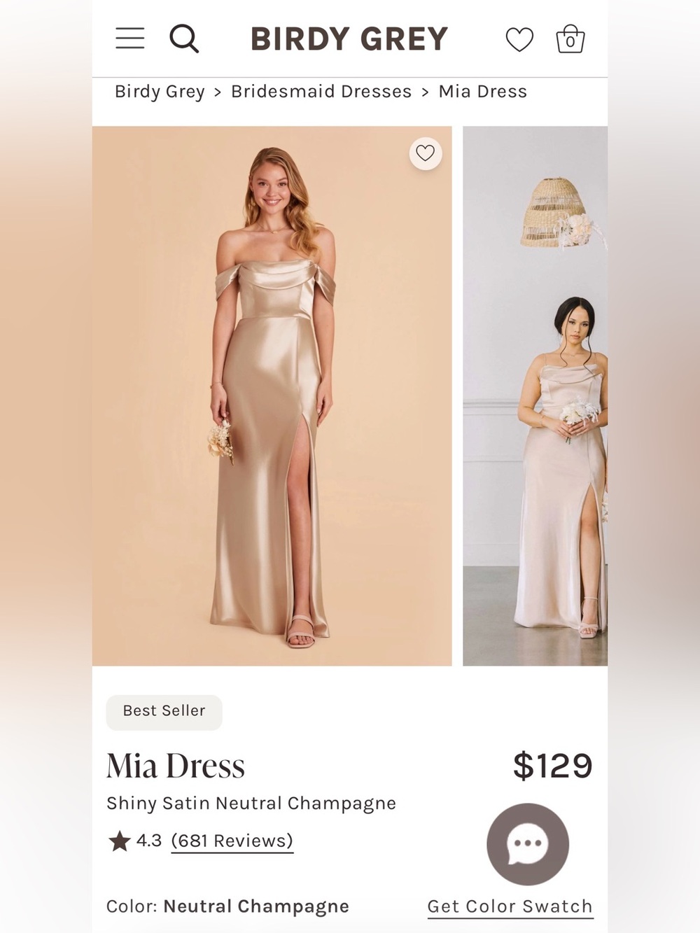 NWT Birdy Grey small Mia neutral champagne shiny satin gold bridesmaid dress